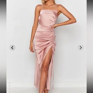 Beginning Boutique Blush Satin Maxi Dress
